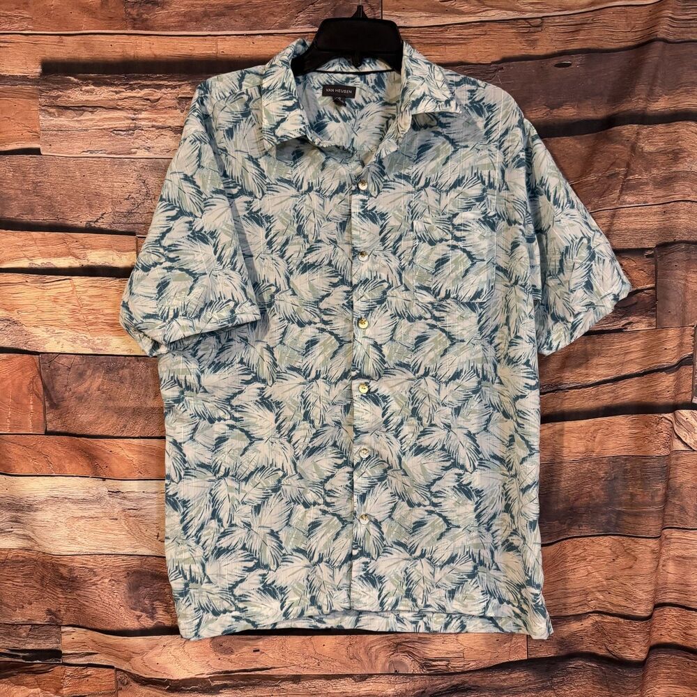 Van Heusen Men's Large L Casual Button-Down Shirt Short Sleeve Palm Print Teal
